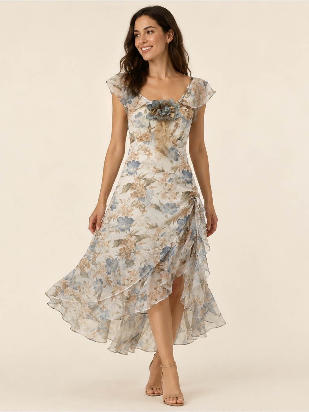 Elena Collection Floral Chiffon High-Low Dress NOS XS–L